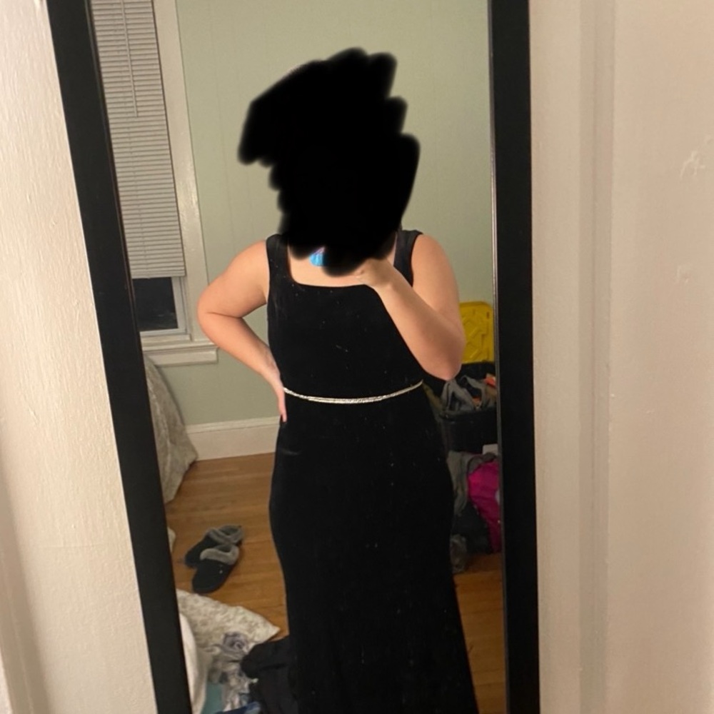 Macy's Black Sleeveless Square Neck Gown w/ Jeweled Belt attached